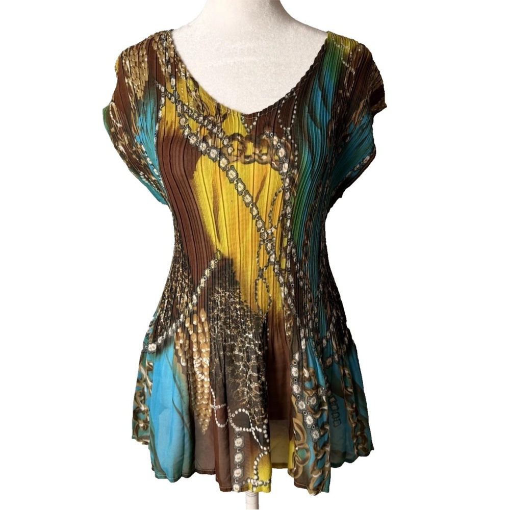 Women's Blouse Size Large Short Cap Sleeves Pleated Stretch Brown Blue Yellow